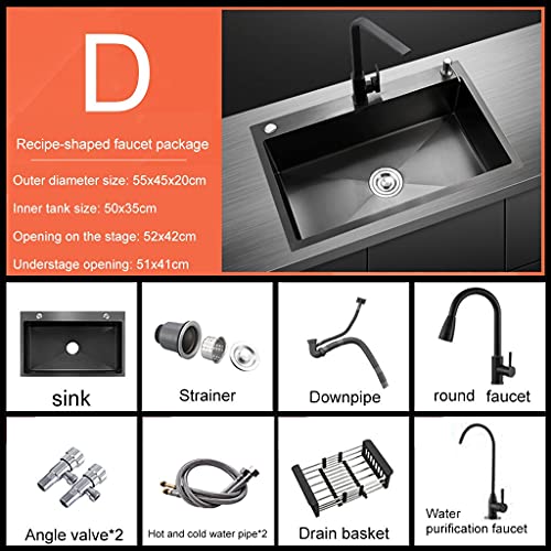 DIIDIIF Kitchen Sinks Bathtub Single Bowl 304 Stainless Steel Sink Set Black Square Large Sink Extremely Fast Drainage with Two Taps