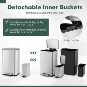 Goplus Step Trash Can Combo Set, 10.6 Gal and 1.6 Gal Stainless Steel Waste Bin with Detachable Inner Buckets, Stay-Open & Soft-Closing Lids, 2 Pack Garbage Can for Kitchen, Bathroom & Office