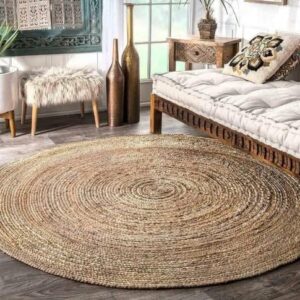 India Artistic Jute Braided Boho Area Rug, Natural Hand Woven Jute Rag Rug- Farmhouse Reverisible Rug Rustic Cotton Jute Rug Home Décor Vibrant Rag Rugs (3 Feet Round)