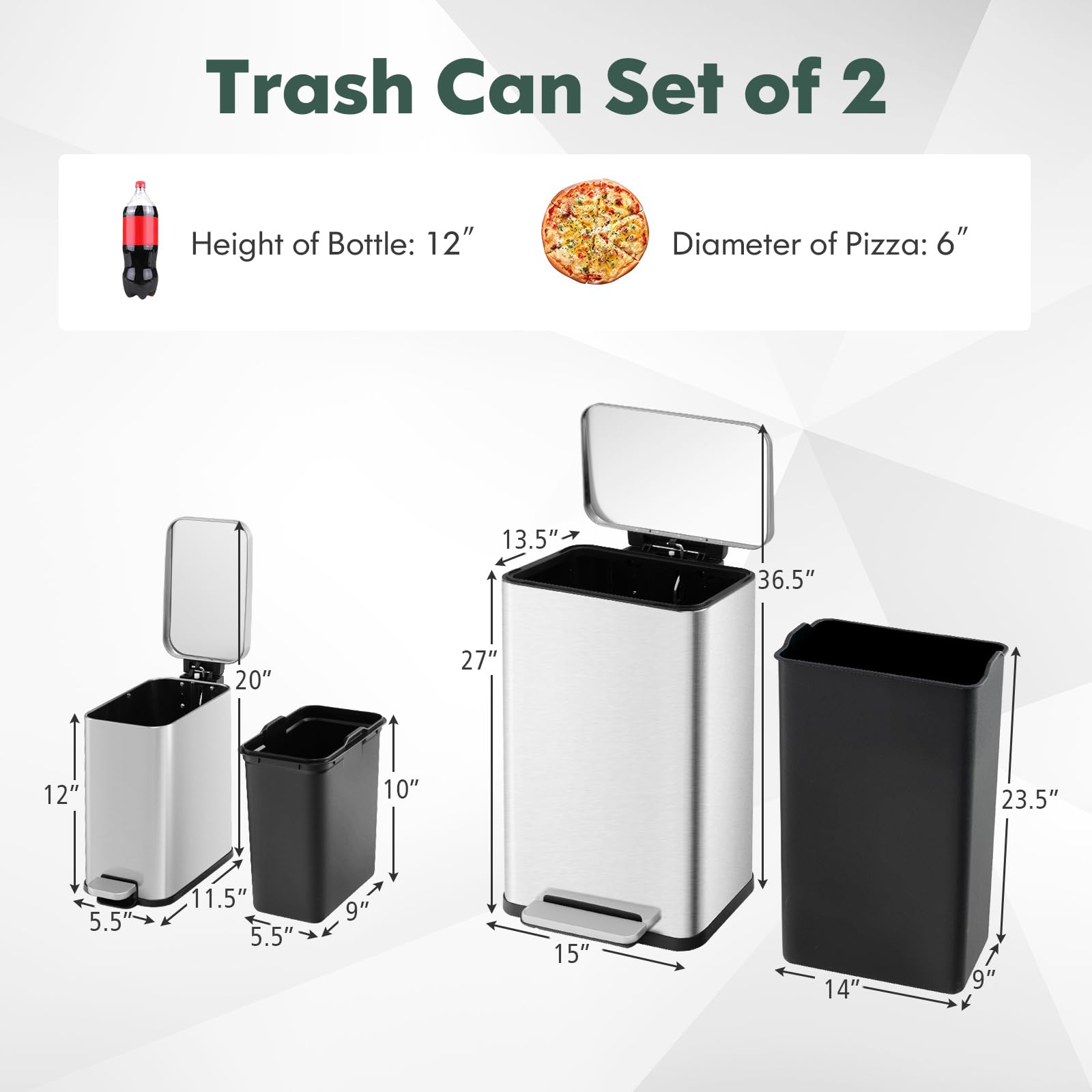 Goplus Step Trash Can Combo Set, 10.6 Gal and 1.6 Gal Stainless Steel Waste Bin with Detachable Inner Buckets, Stay-Open & Soft-Closing Lids, 2 Pack Garbage Can for Kitchen, Bathroom & Office