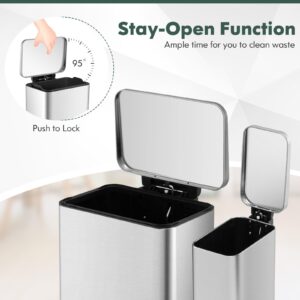 Goplus Step Trash Can Combo Set, 10.6 Gal and 1.6 Gal Stainless Steel Waste Bin with Detachable Inner Buckets, Stay-Open & Soft-Closing Lids, 2 Pack Garbage Can for Kitchen, Bathroom & Office