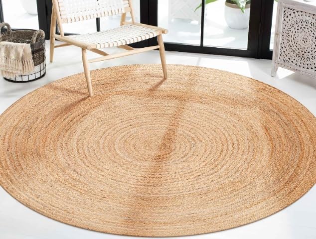 India Artistic Jute Braided Boho Area Rug, Natural Hand Woven Jute Rag Rug- Farmhouse Reverisible Rug Rustic Cotton Jute Rug Home Décor Vibrant Rag Rugs (3 Feet Round)