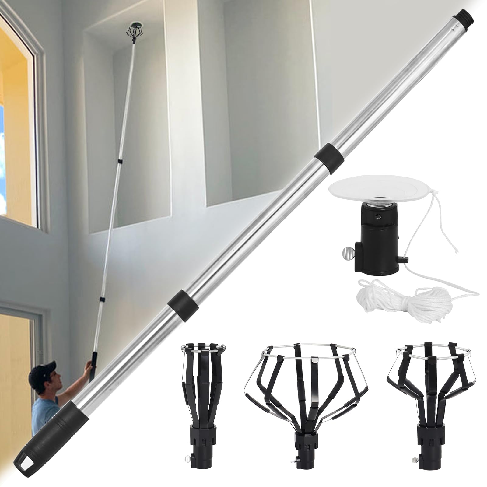 12FT Light Bulb Changer for High Ceilings and Recessed Lights, Light Bulb Extension Pole Changer for High Ceilings, Light Bulb Removal Tool with Baskets and Suction Cup