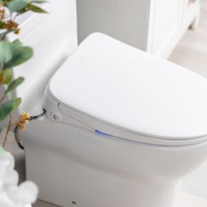 ALPHA BIDET iX Pure Bidet Toilet Seat in Elongated White | Ultra Low Profile | Endless Warm Water | Arced Stainless Steel Nozzle | Blue LED Nightlight | Dryer