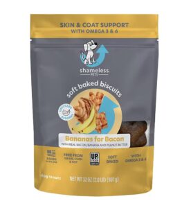 shameless pets 32 oz or 2 lbs soft-baked dog treats, bananas for bacon 1 pack - natural & healthy dog chews for skin & coat support with omega 3&6 - baked & made in usa, free from grain, corn, soy