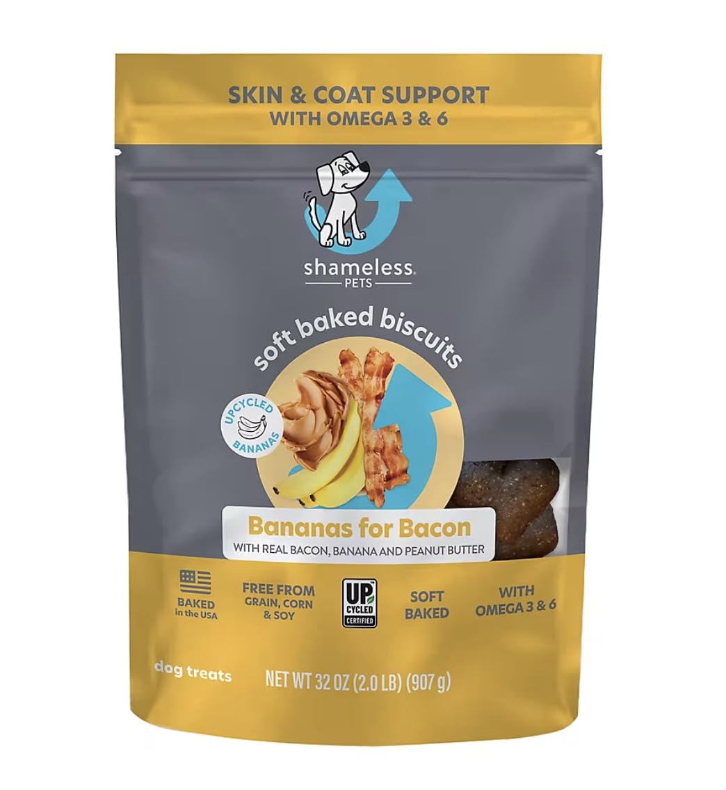 Shameless Pets 32 oz or 2 lbs Soft-Baked Dog Treats, Bananas for Bacon 1 Pack - Natural & Healthy Dog Chews for Skin & Coat Support with Omega 3&6 - Baked & Made in USA, Free from Grain, Corn, Soy