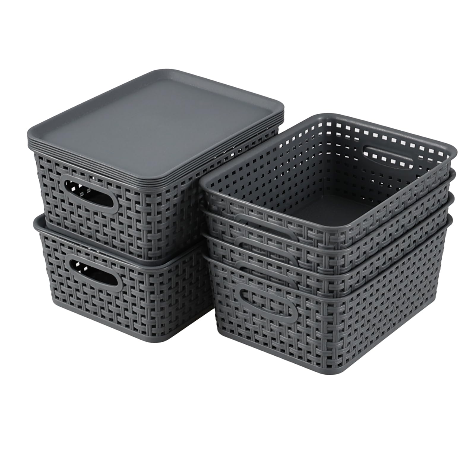 Bringer Plastic Storage Baskets Bins with Lid, Small Storage Organizer Bin, 6 Pack, Gray