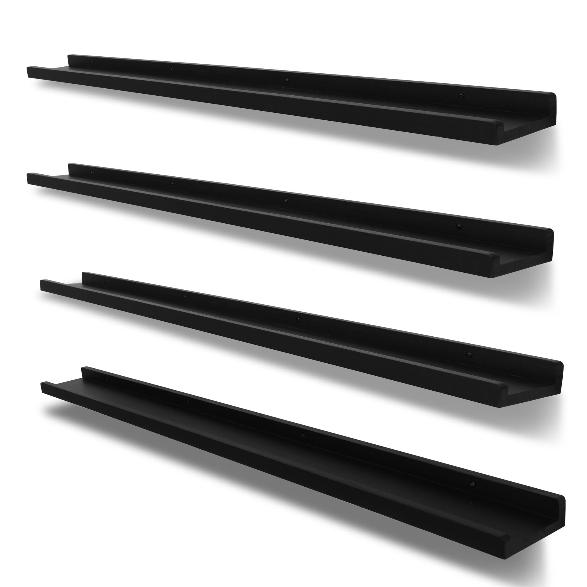 PHOENANCEE Long Floating Shelves for Wall 57 Inch,Real Wood Picture Ledge with Lip Set of 4,Photo Frame Storage Display for Living Room Nursery Bedroom Bathroom Kitchen Home Office Decor Rustic Black