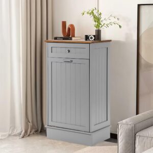 KIGOTY Tilt Out Trash Cabinet,Wooden Kitchen Trash Bin Holder Garbage Bin Recycling Cabinet Laundry Hamper with Solid Wood Countertop and Hideaway Drawer,Gray