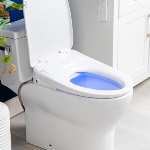 ALPHA BIDET iX Pure Bidet Toilet Seat in Elongated White | Ultra Low Profile | Endless Warm Water | Arced Stainless Steel Nozzle | Blue LED Nightlight | Dryer