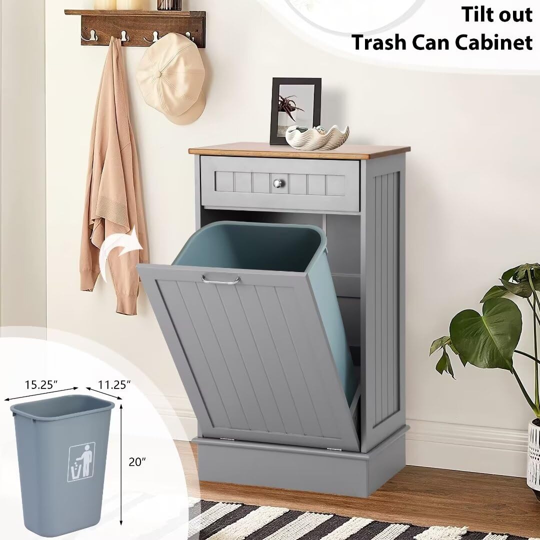 KIGOTY Tilt Out Trash Cabinet,Wooden Kitchen Trash Bin Holder Garbage Bin Recycling Cabinet Laundry Hamper with Solid Wood Countertop and Hideaway Drawer,Gray