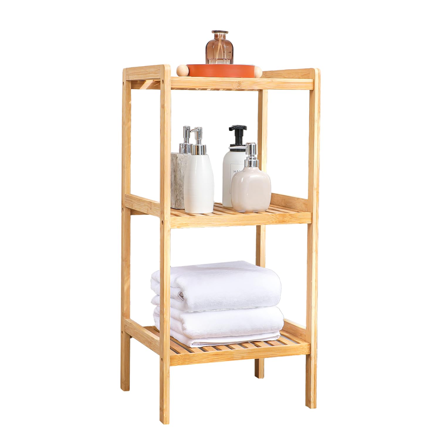 BATHFLEX 3 Tier Bamboo Bathroom Shelf - Bamboo Freestanding Shelf for Storage - Bamboo Plant Stand for Living Room - Multifunctional Storage Rack for Kitchen, Bedroom and Entryway