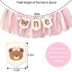 Bear Pink Ribbon One Highchair Banner - Girls 1st Birthday Party Decorations,Teddy Bear First Birthday High Chair Banner, One Woodland Camping Party Banner, Princess Bear 1st Birthday Photo Prop