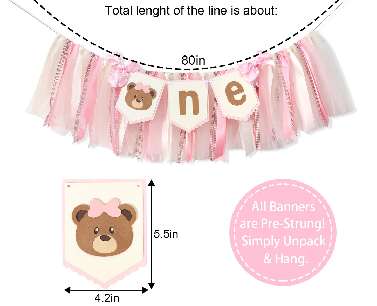 Bear Pink Ribbon One Highchair Banner - Girls 1st Birthday Party Decorations,Teddy Bear First Birthday High Chair Banner, One Woodland Camping Party Banner, Princess Bear 1st Birthday Photo Prop