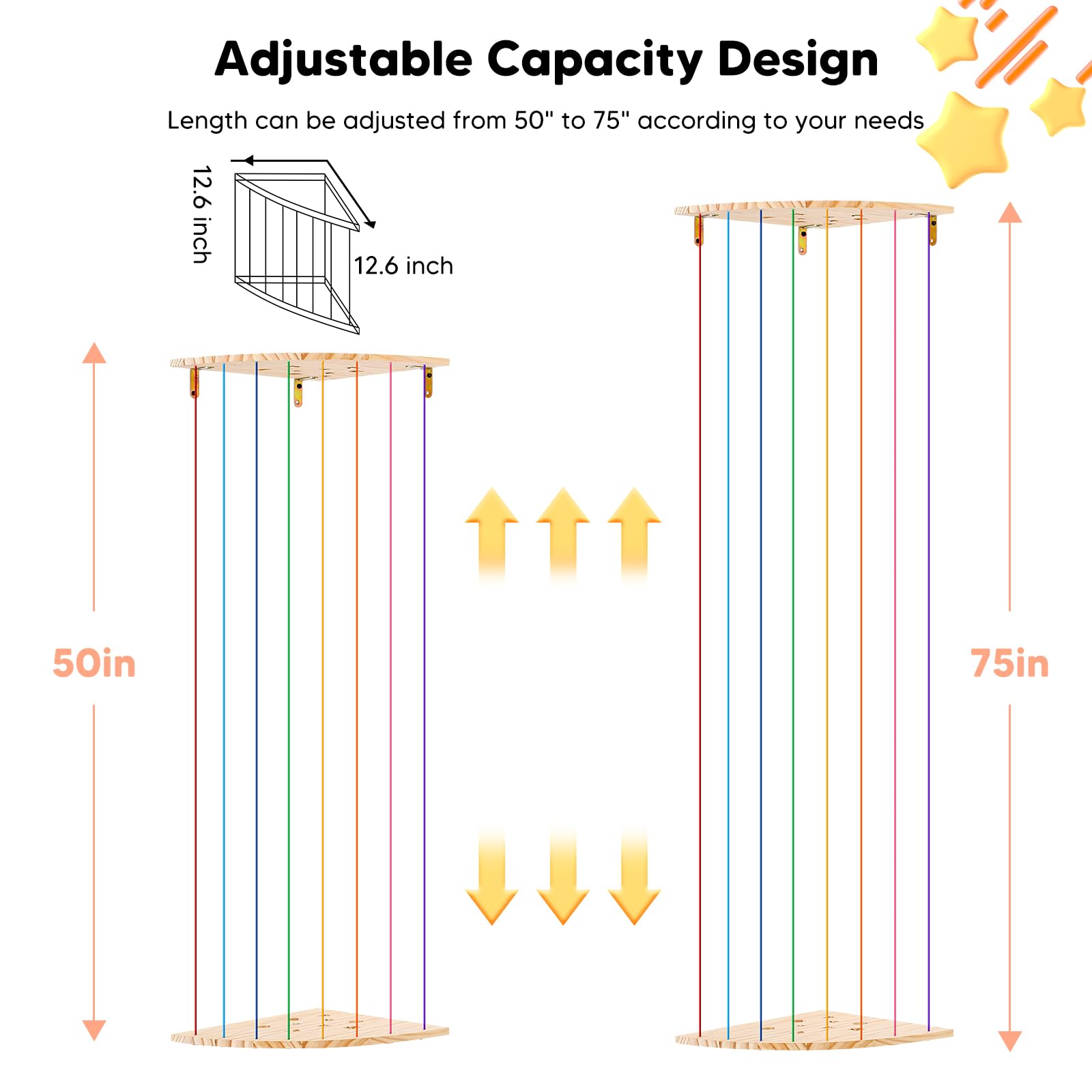 Stuffed Animal Storage Toy Storage Organizer, Wood & Rainbow Elastic Rope Plushies Organizer toy net Adjustable Length Stuffed Animal hammock Corner, Large Kids Furniture for Nursery Playroom Bedroom