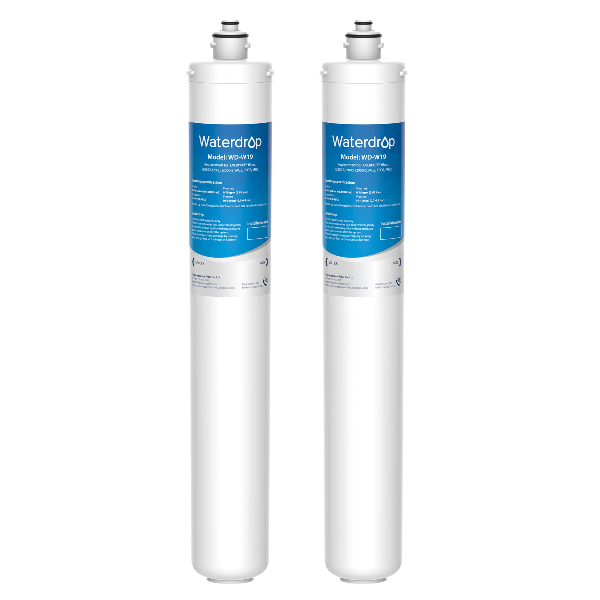 Waterdrop I2000 2 Under Sink Water Filter, 26K Gallons, Replacement Cartridge for Everpure i2000, MC2, ESO7, MH2, EV9612-22, EV9612-56, EV9607-25, EV9613-21, Pack of 2