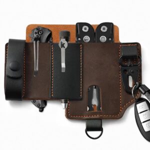 omesio edc multitool sheath for belt, leather pocket organizer for men, multitool sheath with pen holder convenient storage small flashlight, folding tools with keychain knife sheath for daily use