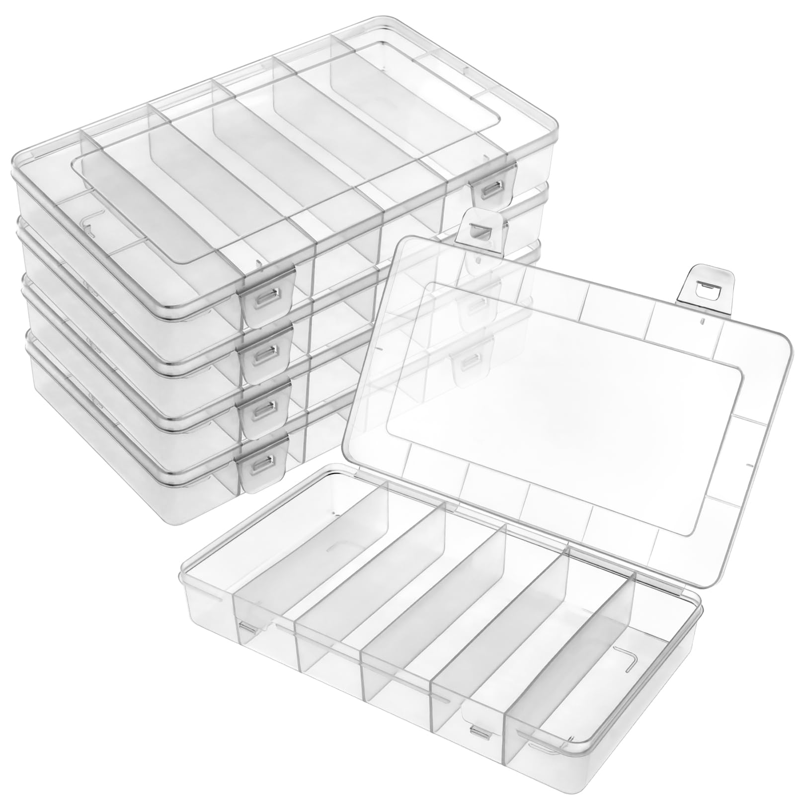 Neworkg 5 Pack Tackle Box Organizer, 6 Grids Transparent Storage Box, Plastic Organizer Box for Crafts, Beads Earrings, Screws and Mascara Brushes