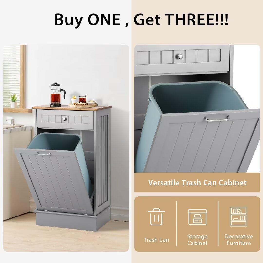 KIGOTY Tilt Out Trash Cabinet,Wooden Kitchen Trash Bin Holder Garbage Bin Recycling Cabinet Laundry Hamper with Solid Wood Countertop and Hideaway Drawer,Gray