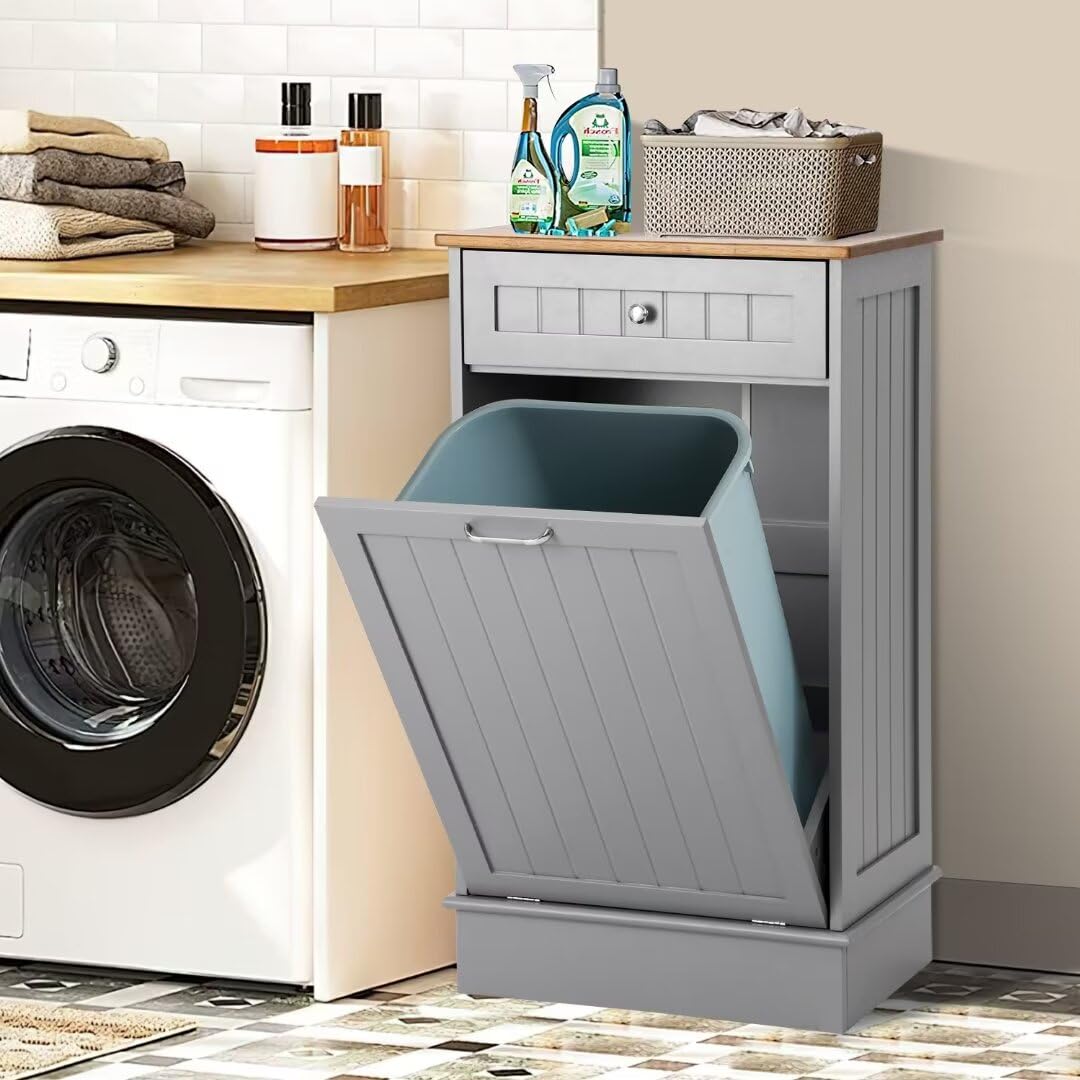 KIGOTY Tilt Out Trash Cabinet,Wooden Kitchen Trash Bin Holder Garbage Bin Recycling Cabinet Laundry Hamper with Solid Wood Countertop and Hideaway Drawer,Gray