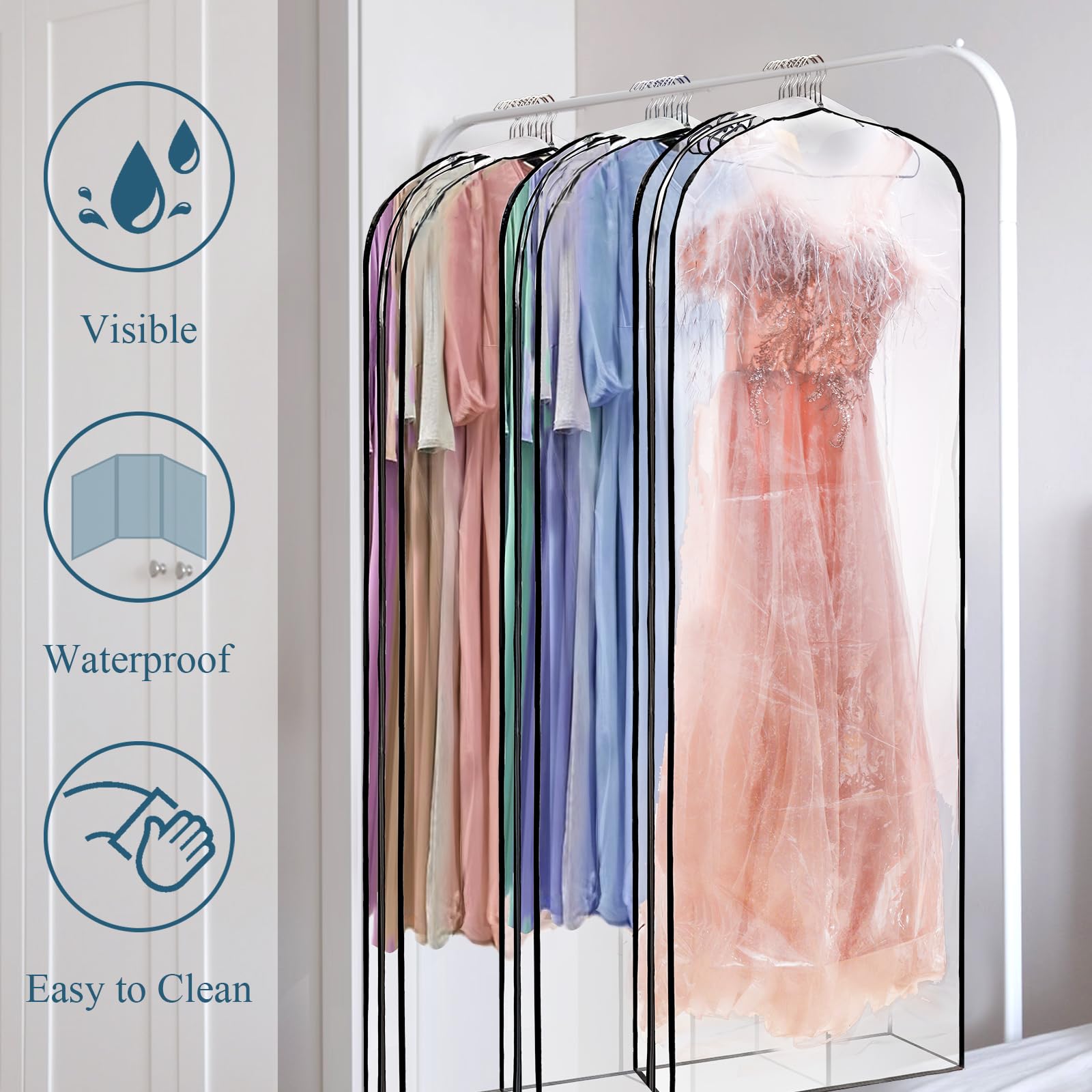 Pumtus 4 Pack 60" Clear Garment Bags, 10" Gusseted Suit Bags for Closet Storage, Plastic Hanging Clothes Cover, Garment Cover with Side Zipper, Dust Cover Protector Bag for Dress, Gowns, Jacket, Coat