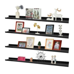 PHOENANCEE Long Floating Shelves for Wall 57 Inch,Real Wood Picture Ledge with Lip Set of 4,Photo Frame Storage Display for Living Room Nursery Bedroom Bathroom Kitchen Home Office Decor Rustic Black