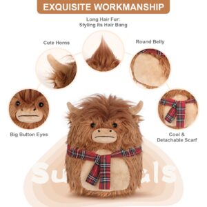 SuzziPals 14'' Highland Cow Stuffed Animals Plush Pillows, Scarf Scottish Highland Cattle Plushies, Soft Stuffed Cow Plush Toys for Cuddle & Squish, Highland Cow Decor Highland Cow Gifts for Kid Adult