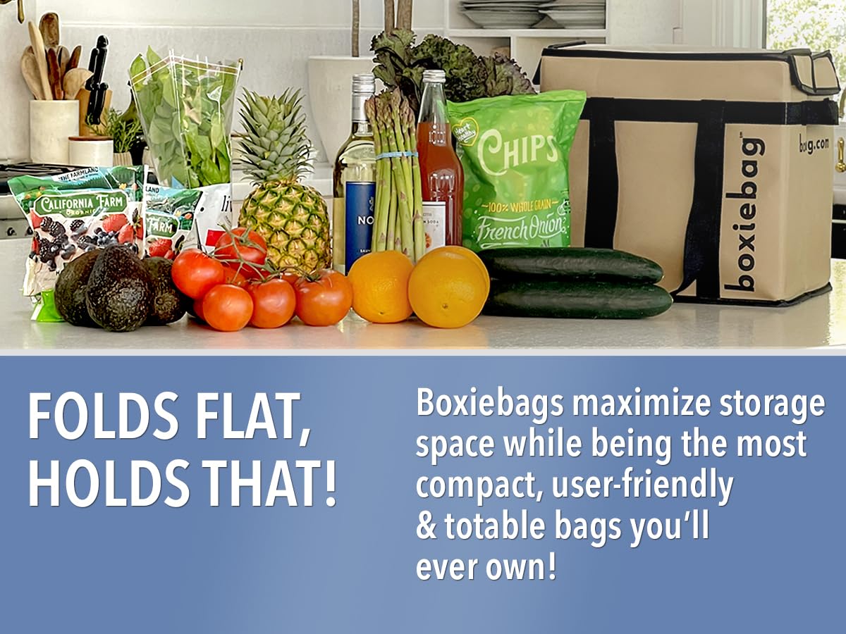 Boxiebag THE ORIGINAL (3-Pack) Collapsible Reusable Insulated Grocery Bag/Box - Stackable Heavy Duty Everyday Tote Bag - Folds Flat - Durable - Versatile - Innovative