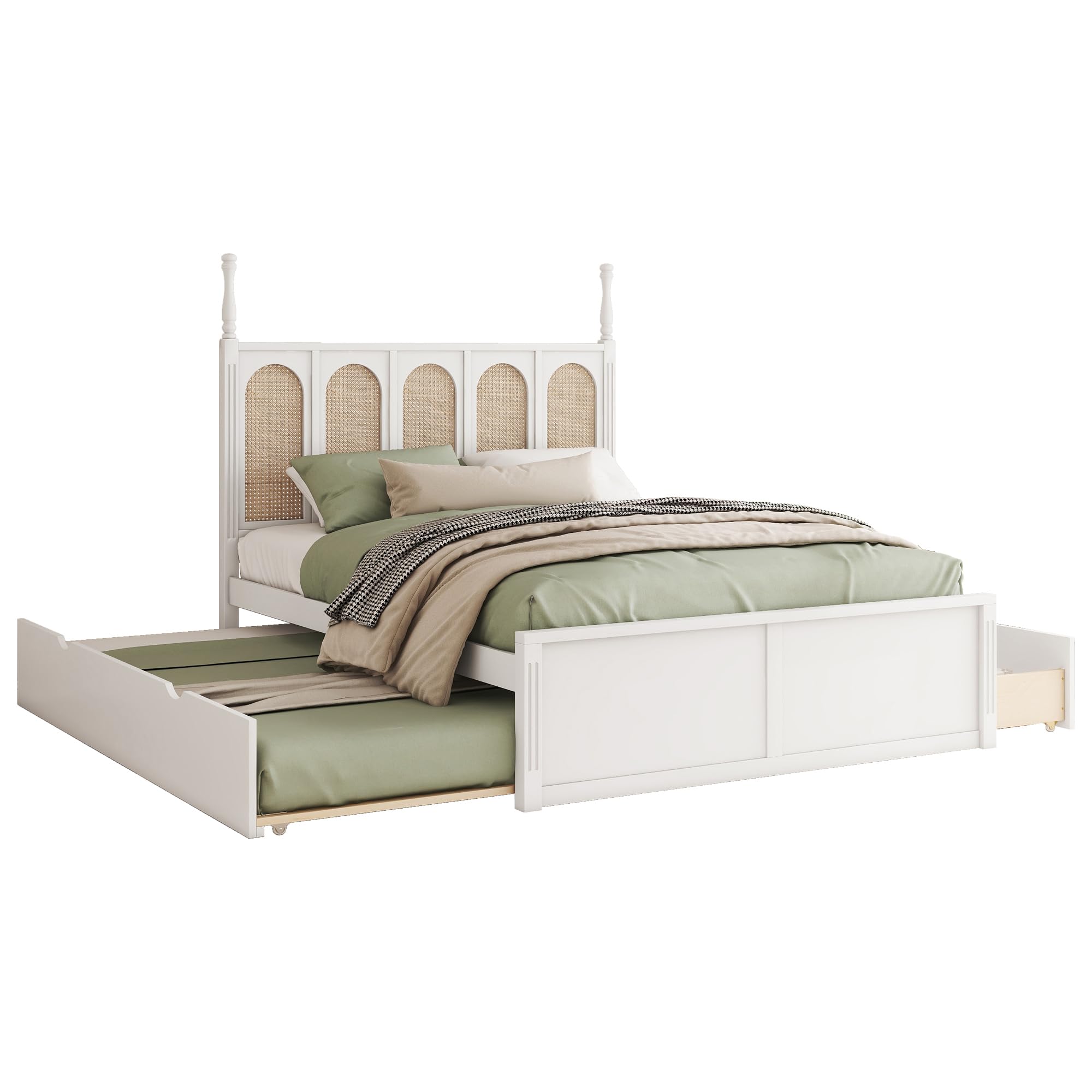 SOFTSEA Queen Size Platform Bed with Trundle and 2 Storage Drawers, Wood Platform Bed with Rattan Headboard, Rattan Bed Frame with Wood Support Slats, No Box Spring Needed, White