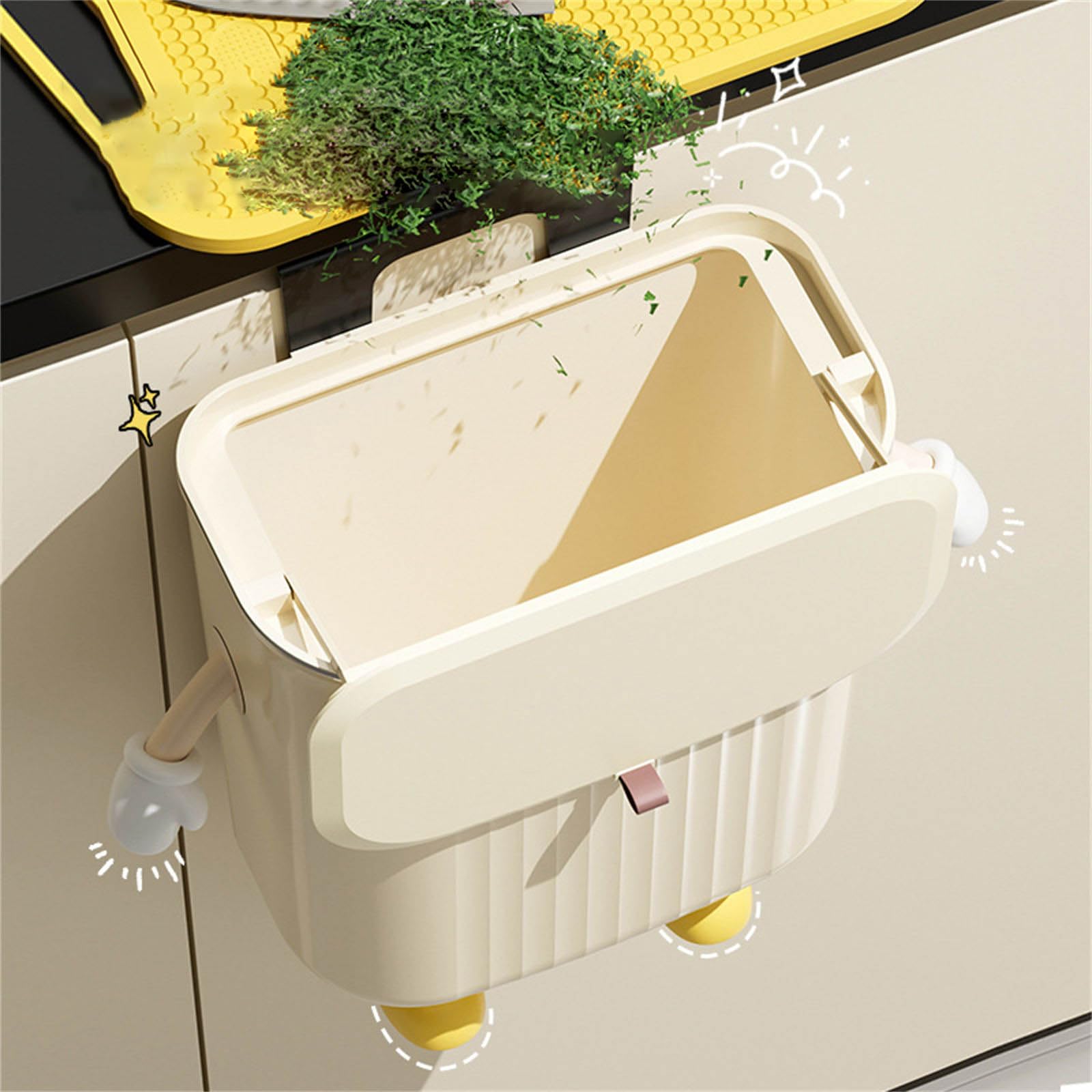 EPIPHQNY Garbage Can, Kitchen Compost Bin Cartoon Hangings Trash Can with Lid Cabinet Door Under Sink Garbage Can for Office Counter Home Decoration, 24.5*20cm