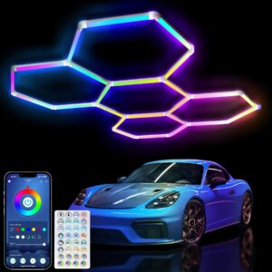 rgb hexagon garage light with remote, 25 pack hexagon lights,rgb dimmable and speed adjustable led hexagon lights,358 modes, ip54, led ceiling lights for gaming room bar party live room