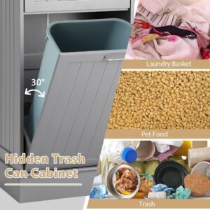 KIGOTY Tilt Out Trash Cabinet,Wooden Kitchen Trash Bin Holder Garbage Bin Recycling Cabinet Laundry Hamper with Solid Wood Countertop and Hideaway Drawer,Gray