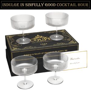 Ribbed Coupe Glasses Set of 4, Hand Blown 10 oz Vintage Cocktail Glasses, Vintage Art Deco Martini Glasses Set with Present Box for Espresso Martini, Champagne, Cosmopolitan, Manhattan, Cocktail Party