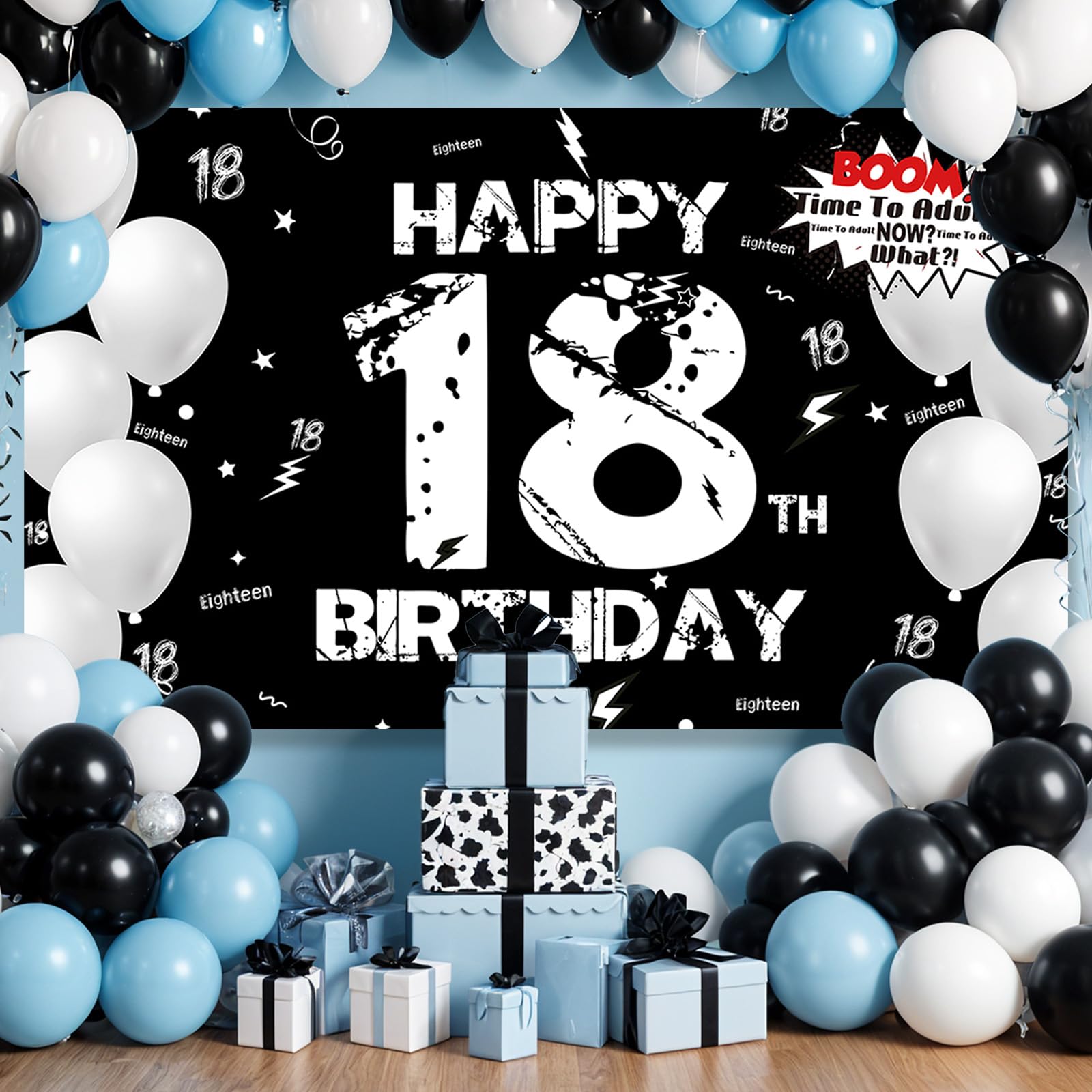 PHXEY 18th Birthday Decoration for Men Women, Fabric Happy 18th Birthday Backdrop Banner Black White, 18 Year Old Birthday Party Yard Sign Photo Booth Props Decor Supplies for Boys Girls