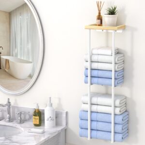 anfeichen towel rack wall mounted, 2 tier bath towel storage holder with wooden shelf, metal towel rack for small bathroom organizer, white