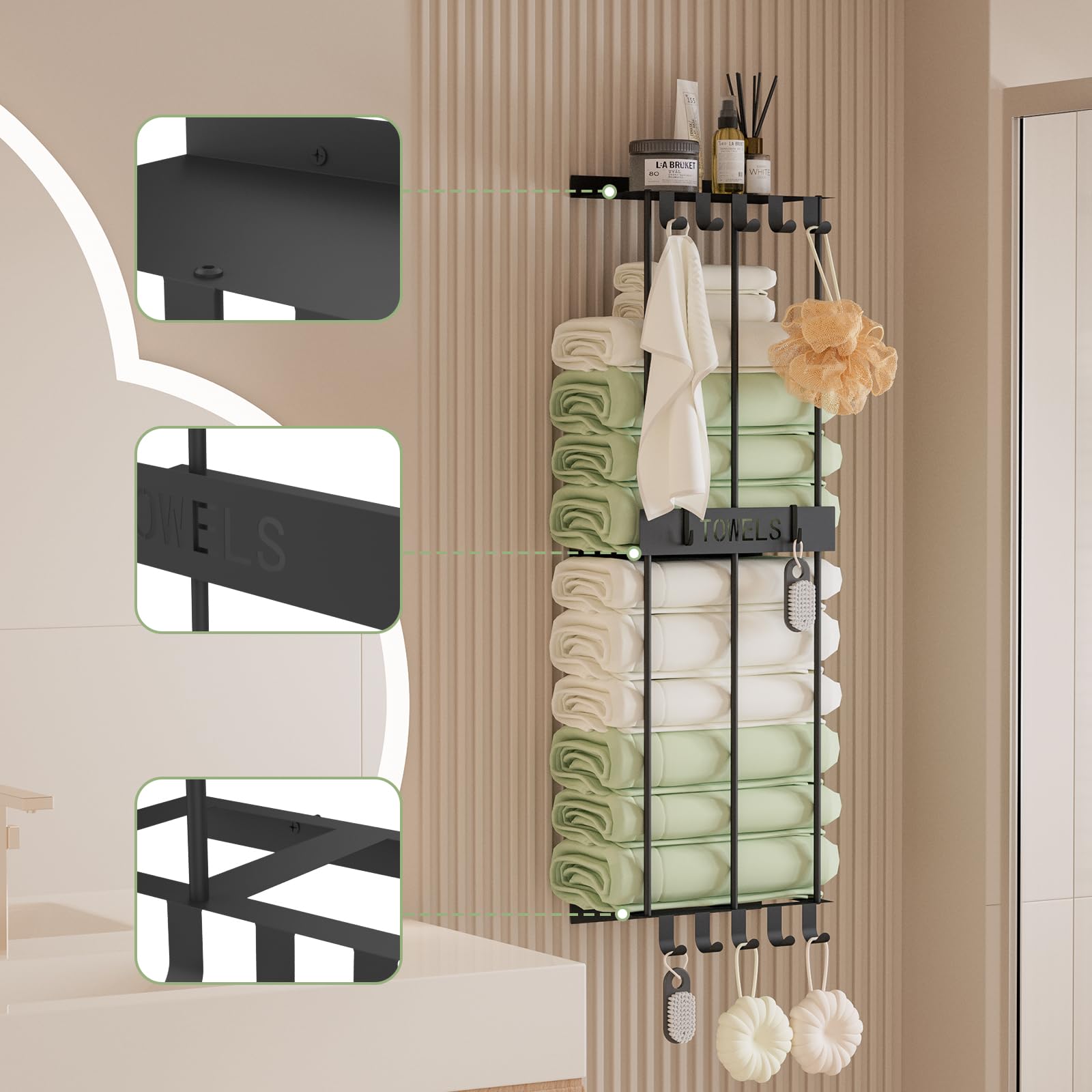 HGFITNIT Towel Racks 1PCS,Towel Racks for Bathroom,35 inch Towel Rack Wall Mounted with Metal Shelf and 10 Hooks Can Holds 6 Large Towels,for Modern Small Space Bathroom Towel Storage (Black)