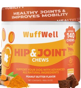 wuffwell dog hip and joint supplement - pain and inflammation relief chews with glucosamine, chondroitin, msm, turmeric - 140ct - treats hip dysplasia, arthritis - dogs chewable supplements - usa made