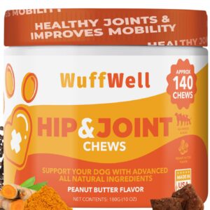 WuffWell Dog Hip and Joint Supplement - Pain and Inflammation Relief Chews with Glucosamine, Chondroitin, MSM, Turmeric - 140ct - Treats Hip Dysplasia, Arthritis - Dogs Chewable Supplements - USA Made