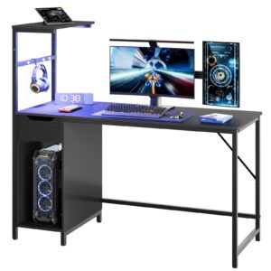 Bestier Gaming Computer Desk with Drawer, 48 inch LED Gaming Desk with Shelves, Adjustable Storage Shelves, and Headphone Hook for Bedroom and Small Spaces, Carbon Fiber Black