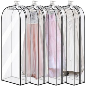 pumtus 4 pack 60" clear garment bags, 10" gusseted suit bags for closet storage, plastic hanging clothes cover, garment cover with side zipper, dust cover protector bag for dress, gowns, jacket, coat