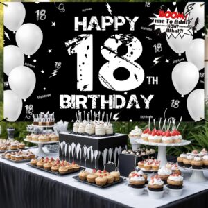 PHXEY 18th Birthday Decoration for Men Women, Fabric Happy 18th Birthday Backdrop Banner Black White, 18 Year Old Birthday Party Yard Sign Photo Booth Props Decor Supplies for Boys Girls