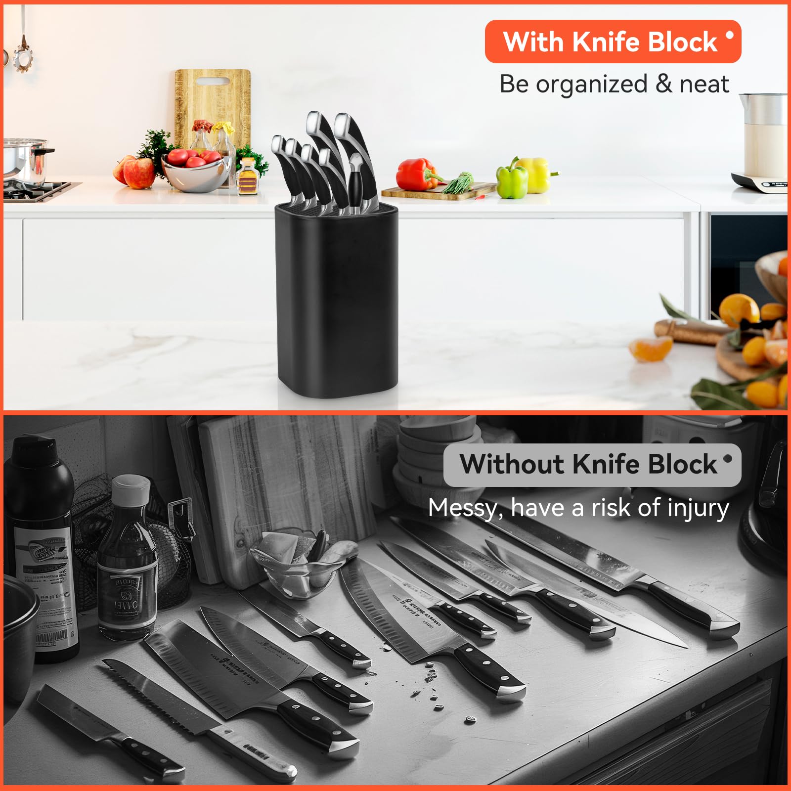 Qoosea Knife Holder Block without Knives Easy Cleaning Detachable Knife Storage Space Saver with Scissors Slot Sharpening Bar Slot Black