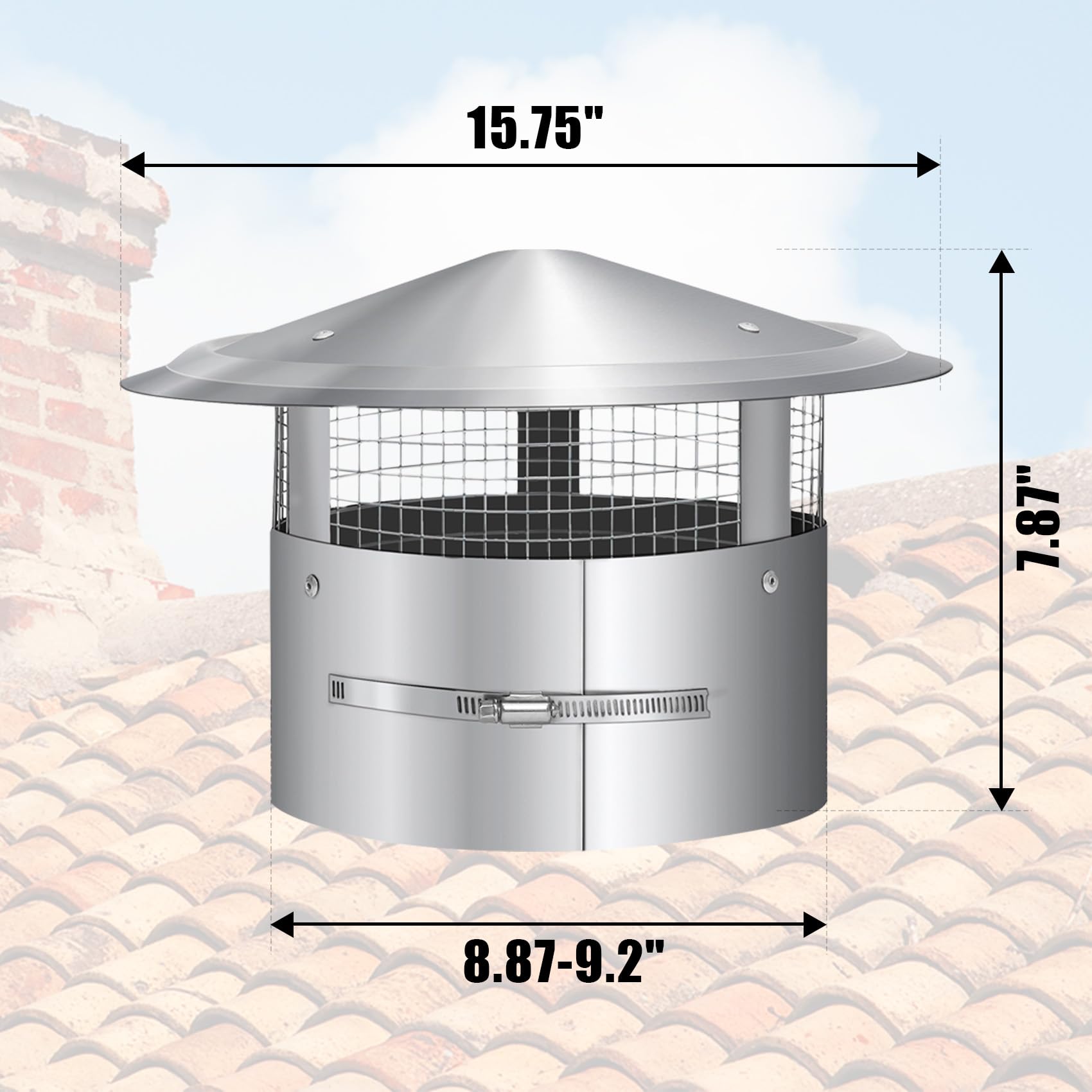 Magam 9 Inch Round Chimney Cap,9 Inch Tapered Top Chimney Cap with Screen, Adjustable and Reinforced Chimney Cap,9 Inch Chimney Cap with Fastening Device with Screen, Stovepipe Finial,Stainless Steel