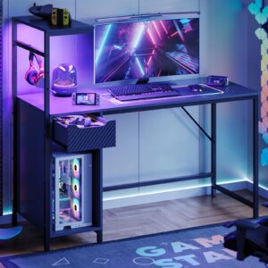 bestier gaming computer desk with drawer, 48 inch led gaming desk with shelves, adjustable storage shelves, and headphone hook for bedroom and small spaces, carbon fiber black