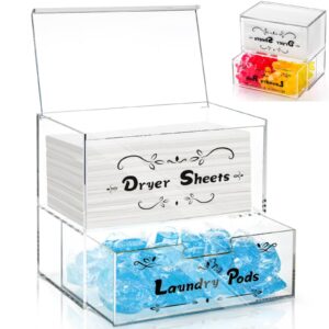 noamus laundry pod and dryer sheet holder, acrylic laundry container set with hinged lid, 2 tiers clear detergent pods storage dispenser with drawer for laundry room organization decor, 7"x4.7"x6.7"