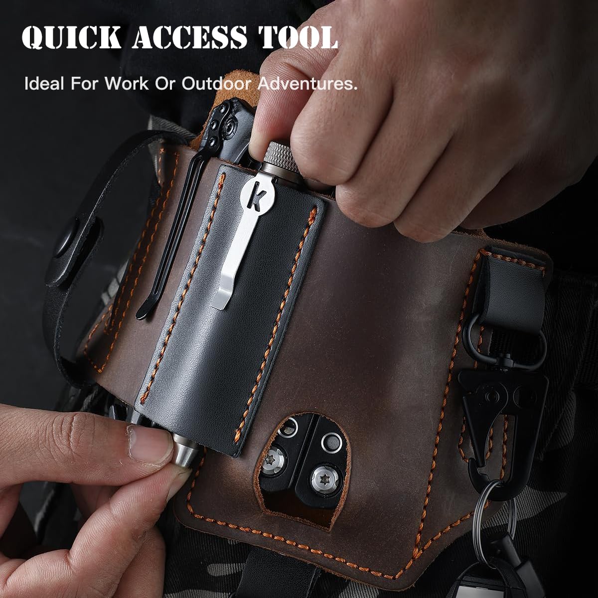 Omesio EDC Multitool Sheath for Belt, Leather Pocket Organizer for Men, Multitool Sheath with Pen Holder Convenient Storage Small Flashlight, Folding Tools with Keychain Knife Sheath for Daily Use