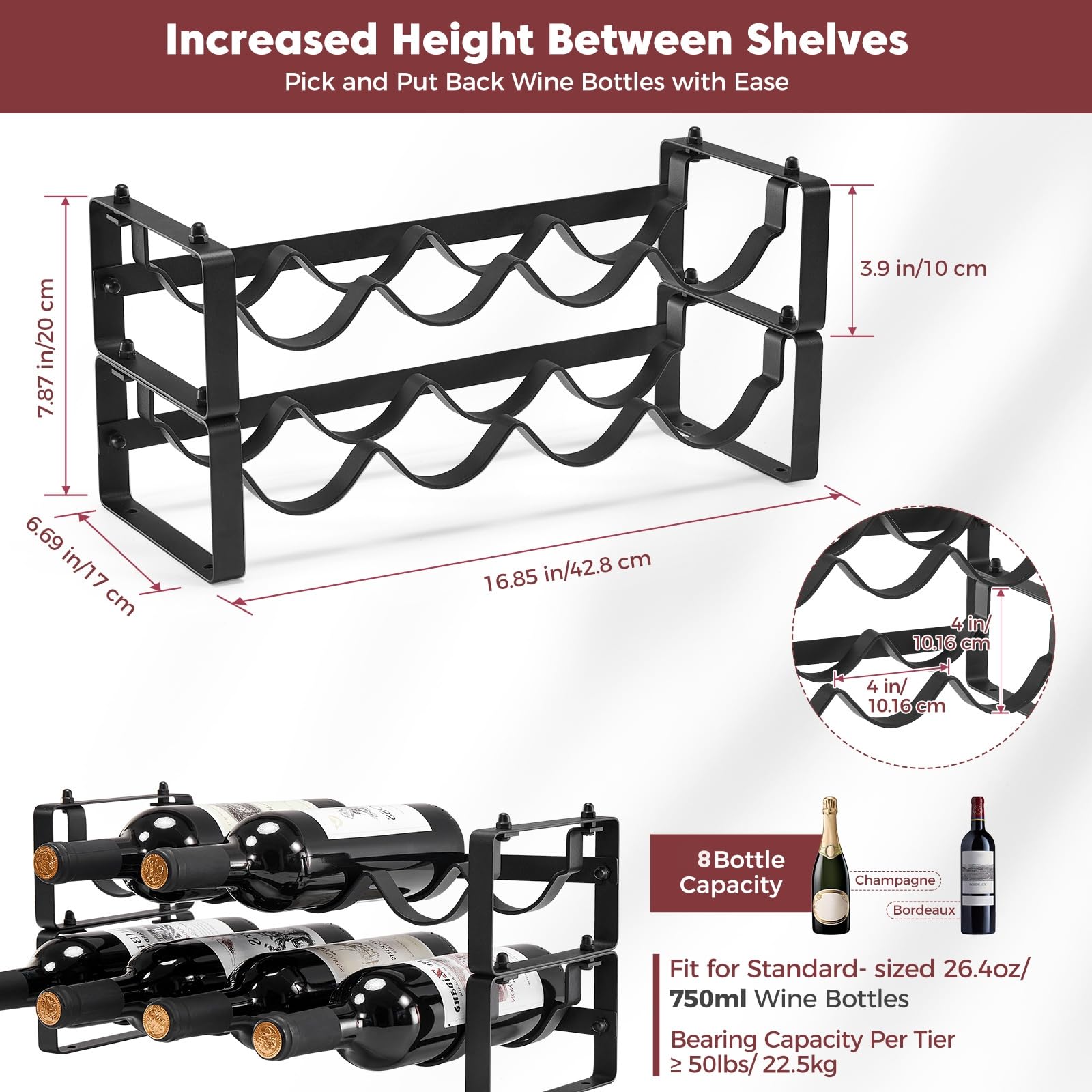 ICOHOT Stackable Wine Rack Countertop, Sturdy Wine Bottle Holder Freestanding for Cabinet, 2 Tier Small Tabletop Wine Holder Stand for Pantry Bar, Wire Wine Bottle Rack Metal Wine Storage Organizers