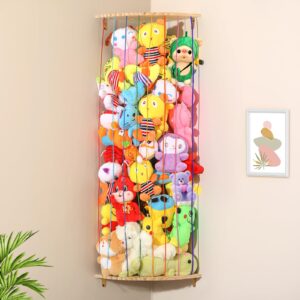 stuffed animal storage toy storage organizer, wood & rainbow elastic rope plushies organizer toy net adjustable length stuffed animal hammock corner, large kids furniture for nursery playroom bedroom