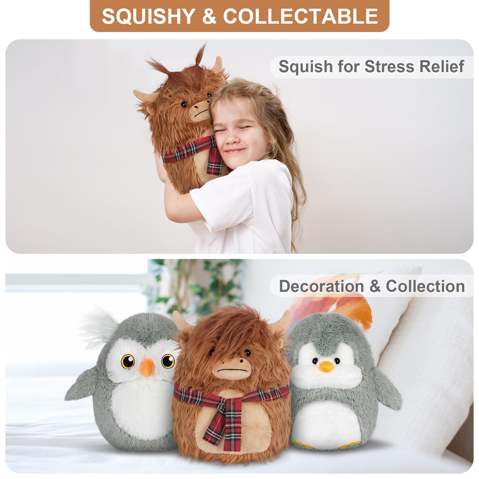 SuzziPals 14'' Highland Cow Stuffed Animals Plush Pillows, Scarf Scottish Highland Cattle Plushies, Soft Stuffed Cow Plush Toys for Cuddle & Squish, Highland Cow Decor Highland Cow Gifts for Kid Adult