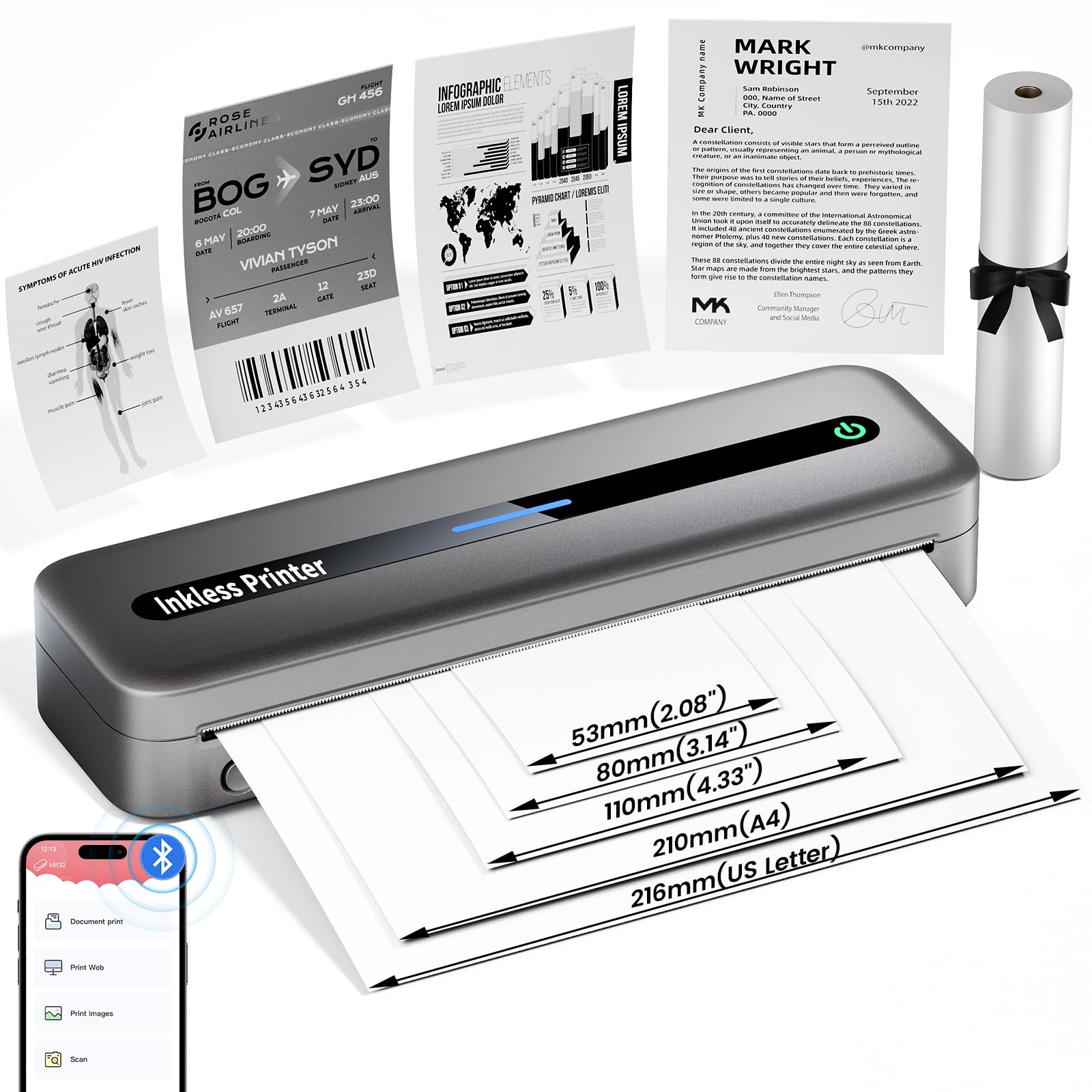 Portable Printer Wireless for Travel and Home Office - Upgarde Inkless Portable Printer with Inner Paper Bin, Thermal Portable Printer Compact Printer Support US Letter and Multiple Sizes